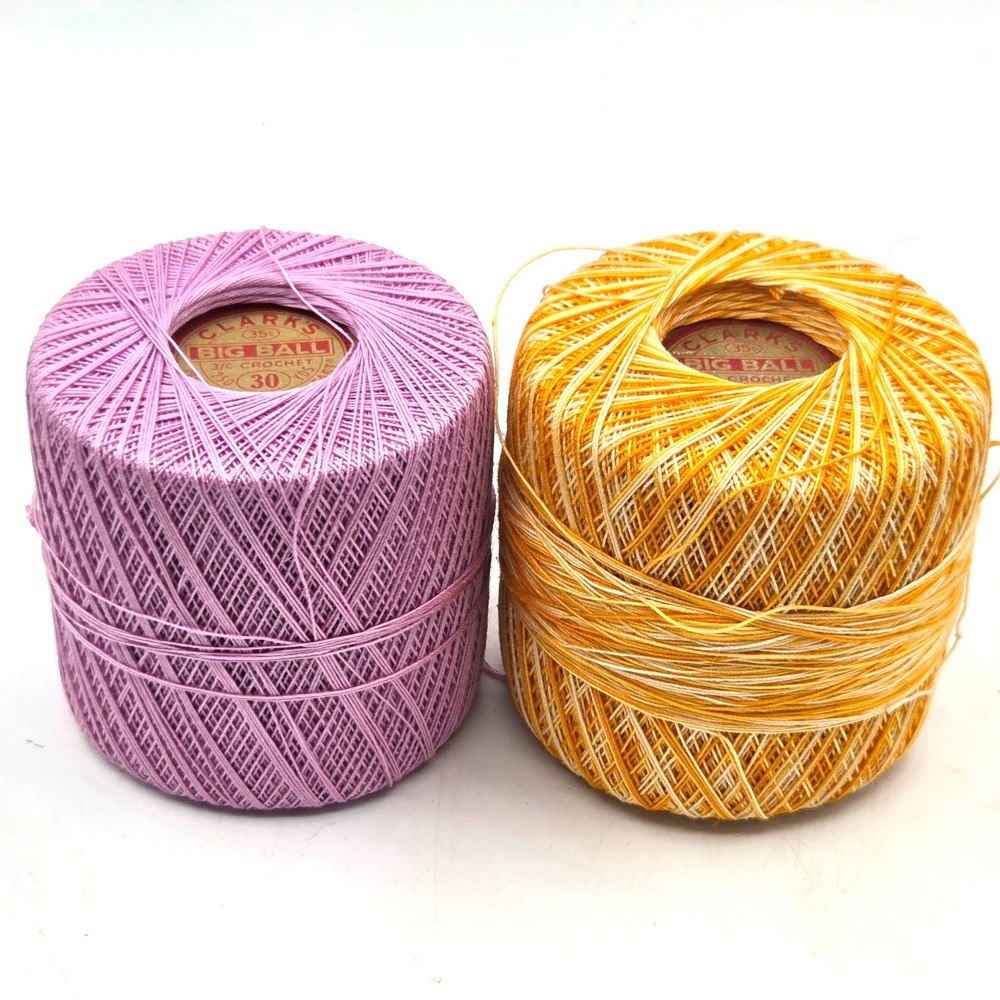 Vintage Clark's Big Ball Crochet Thread Sz 30 Lot of 2 Purple & Yellow